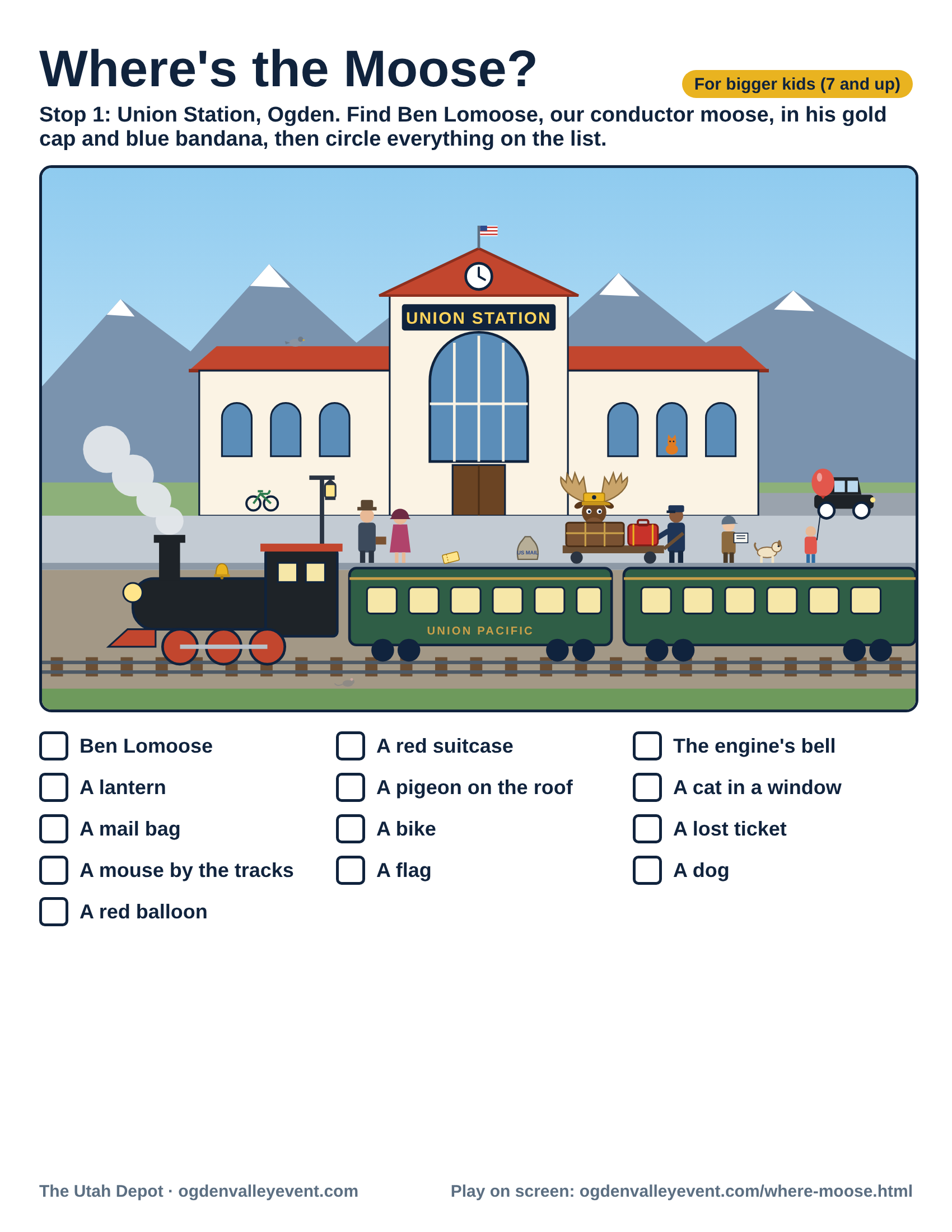 Printable Where's the Moose page for bigger kids, with a word list