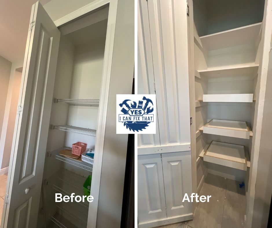 Before and after: Wire pantry shelves replaced with built-in wood shelves and pull-out drawers