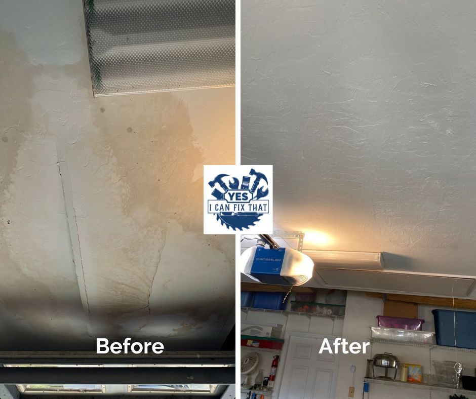 Before and after: Water-damaged garage ceiling repaired and refinished