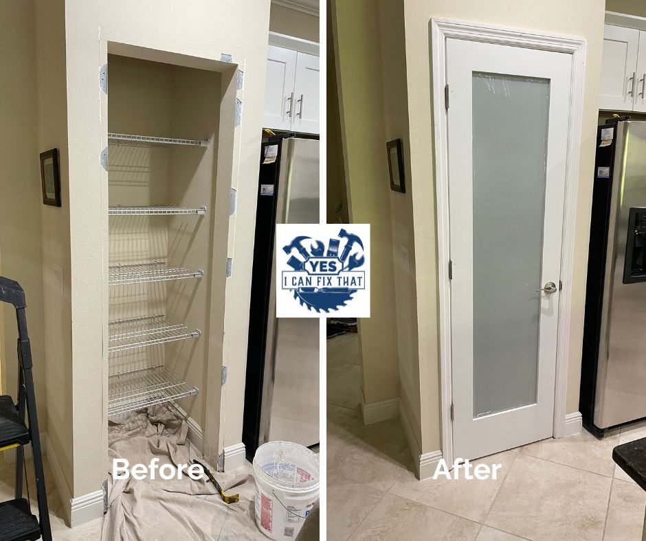 Before and after: Open pantry nook framed and fitted with a frosted glass door