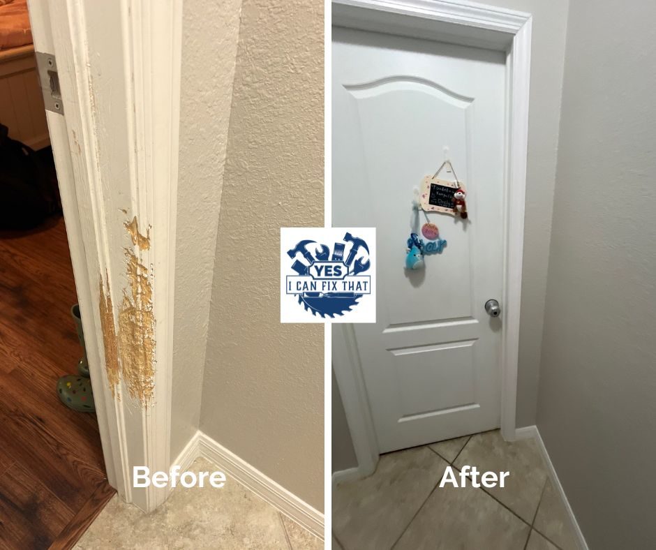 Before and after: Damaged door casing replaced and painted